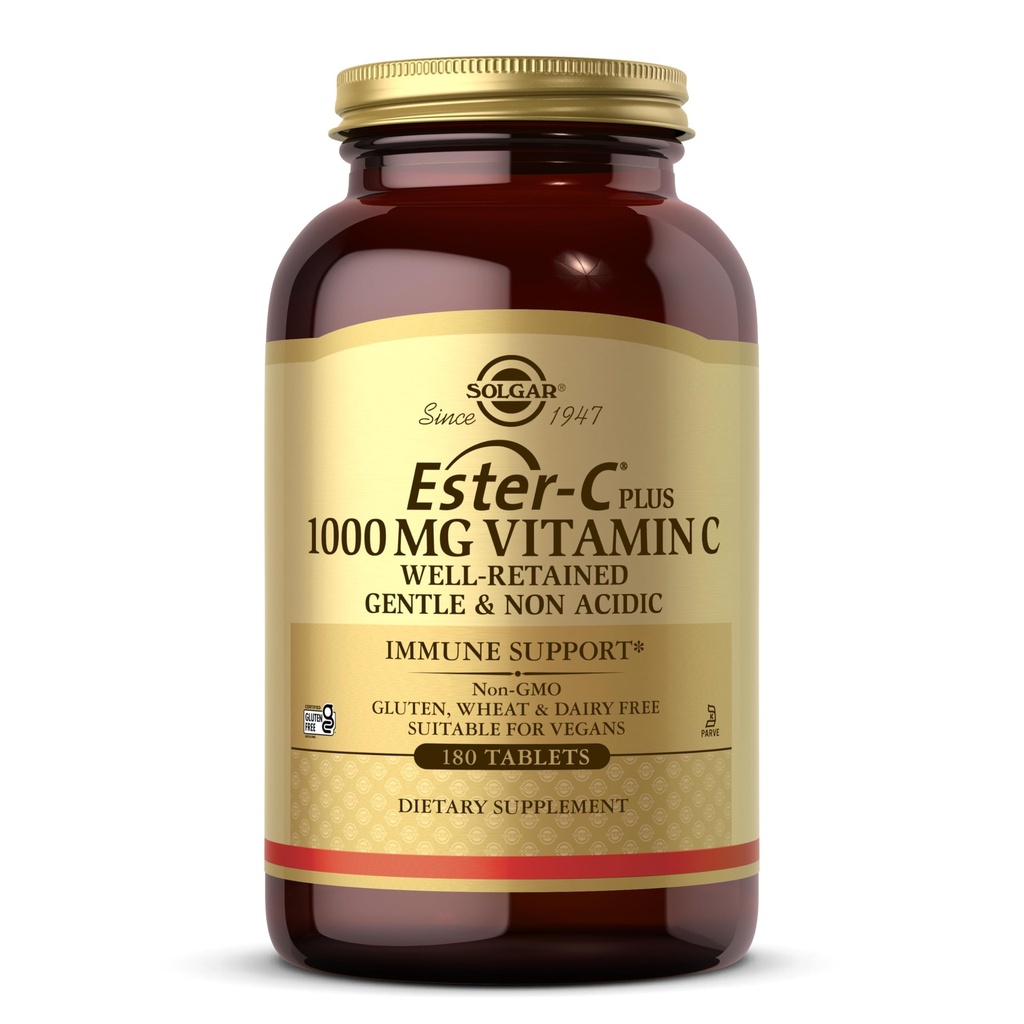 Solgar Ester-C Plus 1000 mg de vitamine C (complexe d'ascorbate) - 180 comprimés - doux et non acide - soutient la santé respiratoire supérieure - non-OGM, sans gluten - 180 portions