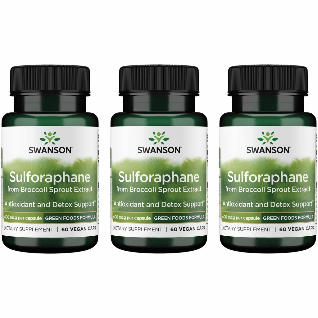Swanson Sulforaphane - Broccoli Spruit Extract Ondersteuning Cellular, GI Tract, en de gezondheid van de lever - Natuurlijke supplement gestandaardiseerd tot 0,4% Sulforaphane - (60 Veggie Capsules, 400mcg Elk) (3 Pack)