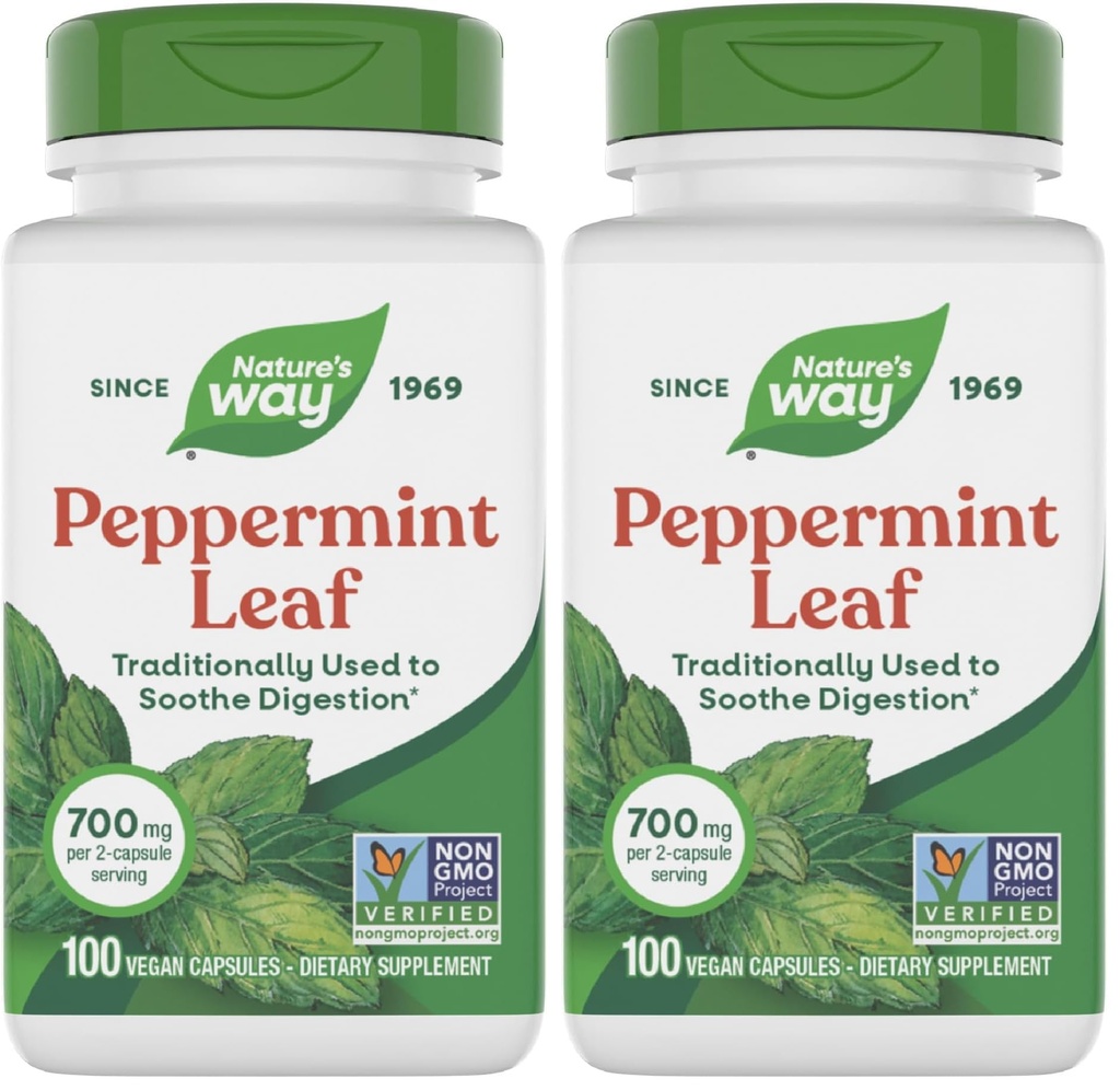 Nature's Way Premium Herbal Peppermint Leaf, Traditional Digestive Soothing and Discomfort Support*, 700mg per Serving, 100 Capsules (pack van 2)