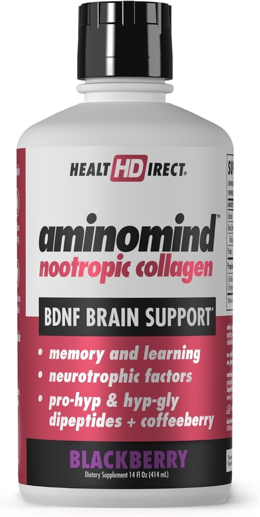 HEALTH DIRECT - AminoMind - Nootropic Collagen Supplement for Brain Health and BDNF - Pro-Hyp & Hyp-Gly Dipeptides, Coffeeberry Antioxidants - BlackBerry - 14 Fl Oz (28 Servings)