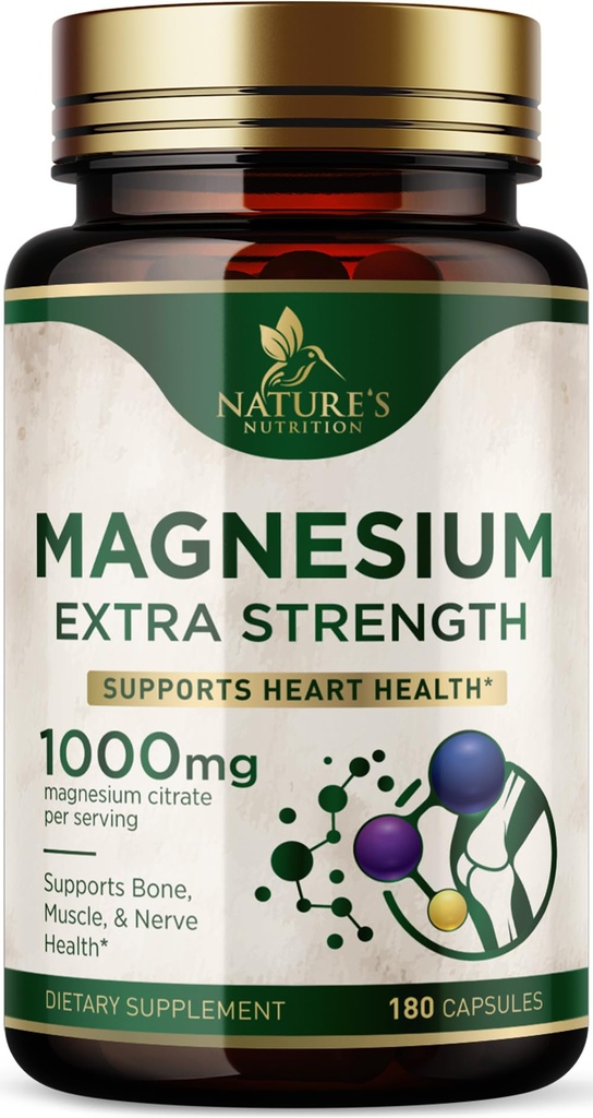 Supplément minéral de magnésium 1000 mg - Citrate de magnésium de haute puissance pour os, santé cardiaque, soutien des nerfs et des muscles, complexe de magnésium de la nature pour le soutien du corps entier, mis en bouteille aux États-Unis - 180 capsules