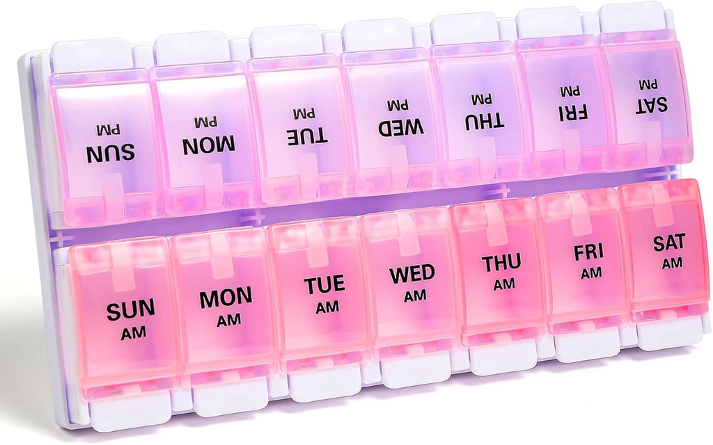 Sukuos AM Wekelijkse pil Organisator 7 Dag, 2 Tijden Een dag Medicijn pil Box met gemakkelijke Push Knop, BPA Gratis vitamine koffers voor visolie / aanvullingen, Gemakkelijk te reinigen (Purple&Pink)