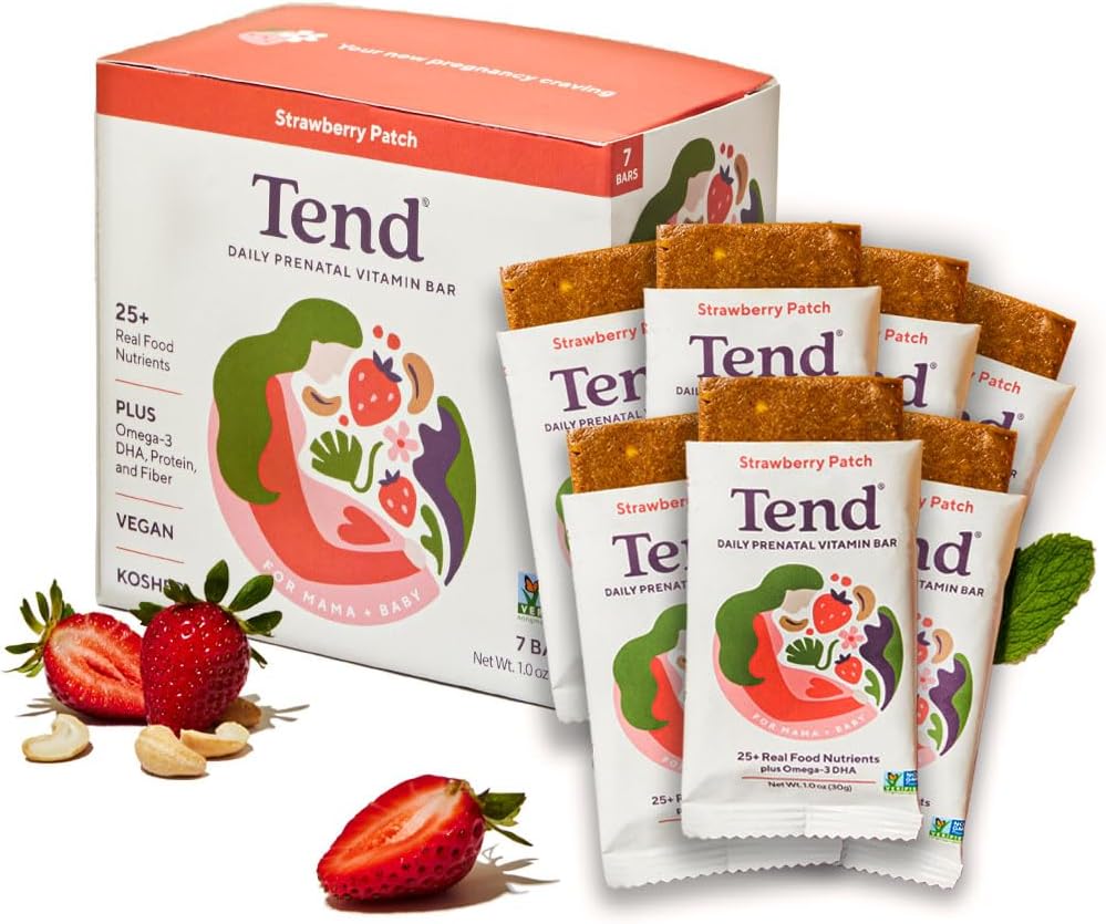 Tend Daily Best Prenatale Vitamine Bar, Gemaakt met biologische ingrediënten voor zwangere en postpartum moeders, Inclusief DHA, Vitamine D, B, Choline, Folaat, Zonnebloem  lecithin - Aardbei Patch (7ct)