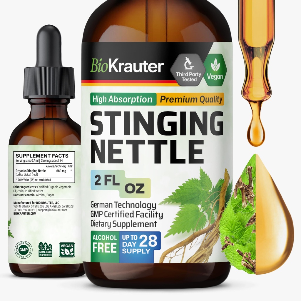 BIO KRAUTER Stingerende Nettle Tinctuur - Nettle Root Extract Liquid - Urinaire Ondersteuning Supplement - Urtica Dioica Natural Extract - Vegan, Sugar & Alcohol Free Drops 2 Fl.Oz.
