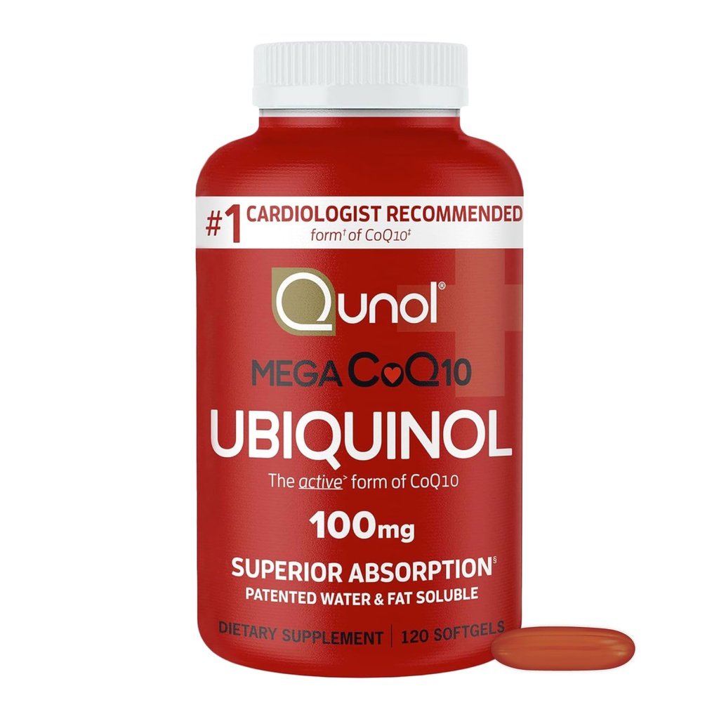 Qunol Mega Ubichinol CoQ10 100mg, Superior Absorptie, Gepatenteerde Water en vet Oplosbare Natuurlijke Supplement Vorm van Co-enzym Q10, Antioxidant voor Hartgezondheid, 120 Tel (pakket van 1) Softgels