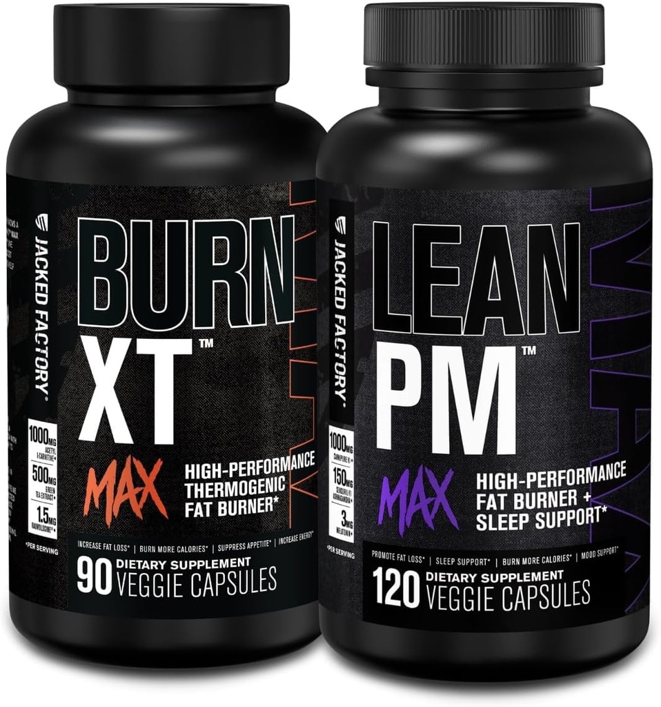 Ge Jacked Factory Burn-XT Max - Thermogenic Fat Burner & Appetite Suppressant (90 Capsules) & Lean PM Max High Performance Weight Loss, Fat Burner, & Appetite Suppressant (120 Capsules)