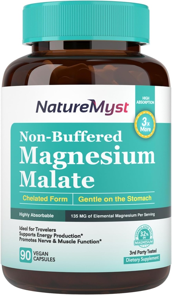 Magnesium Malaat, gecheleerde vorm, zeer absorbeerbaar, niet-gebufferd, zacht op de maag, voor volwassenen en kinderen, flexibele dosis, energieproductie, zenuw- en spierfunctie, 90 Vegan Capsules