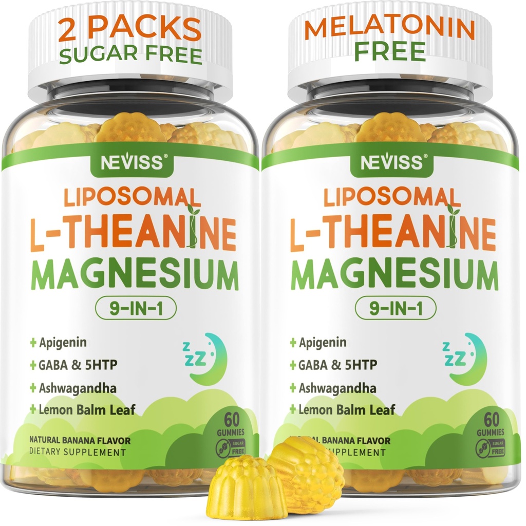 Liposomale L-Theanine 200mg Magnesium Glycinate 400mg Gummies with GABA, 5HTP, Apigenine, Vitamine B6 & D3, Ashwagandha, Lemon Balm Leaf, Melatonine Free Sleep Chewable for Relax Mood & Muscle, 2 Packs