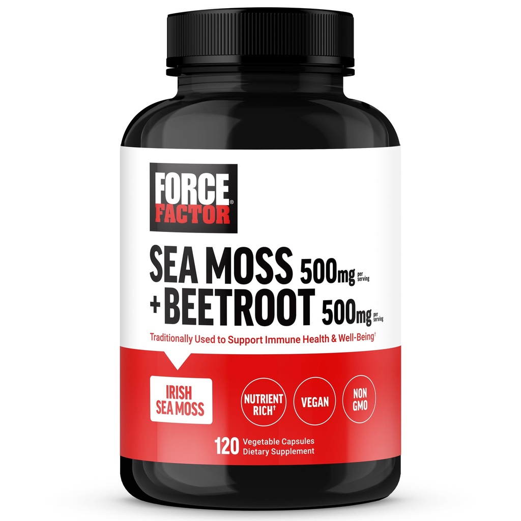 FORCE FACTOR Irish Sea Moss + Beet Root Supplement to Support Immunity, Circulatie, Natural Energy, Heart Health, with Antioxidants, Non-GMO, Vegan-Friendly, Soy-Free, 120 Plantaardige Capsules