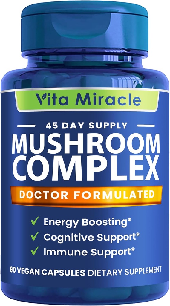 Compléments de champignons Capsules - 10x Complexe de champignons avec Lions Mane Cordyceps Shiitake Reishi Compléments de champignons - Toutes les vitamines à base de plantes naturelles Extrait pilules pour Focus Energy et Cerveau 90 Capsules