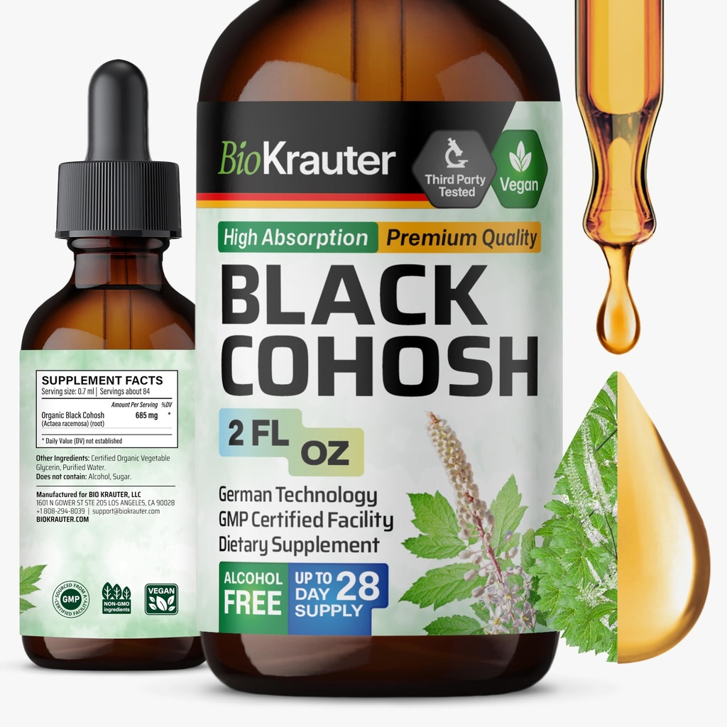 BIO KRAUTER Black Cohosh Root Tinctuur - Vegan Black Cohosh Supplementen Vrouwen Ondersteuning - Alcohol en Suikervrij - 2 Fl.Oz.
