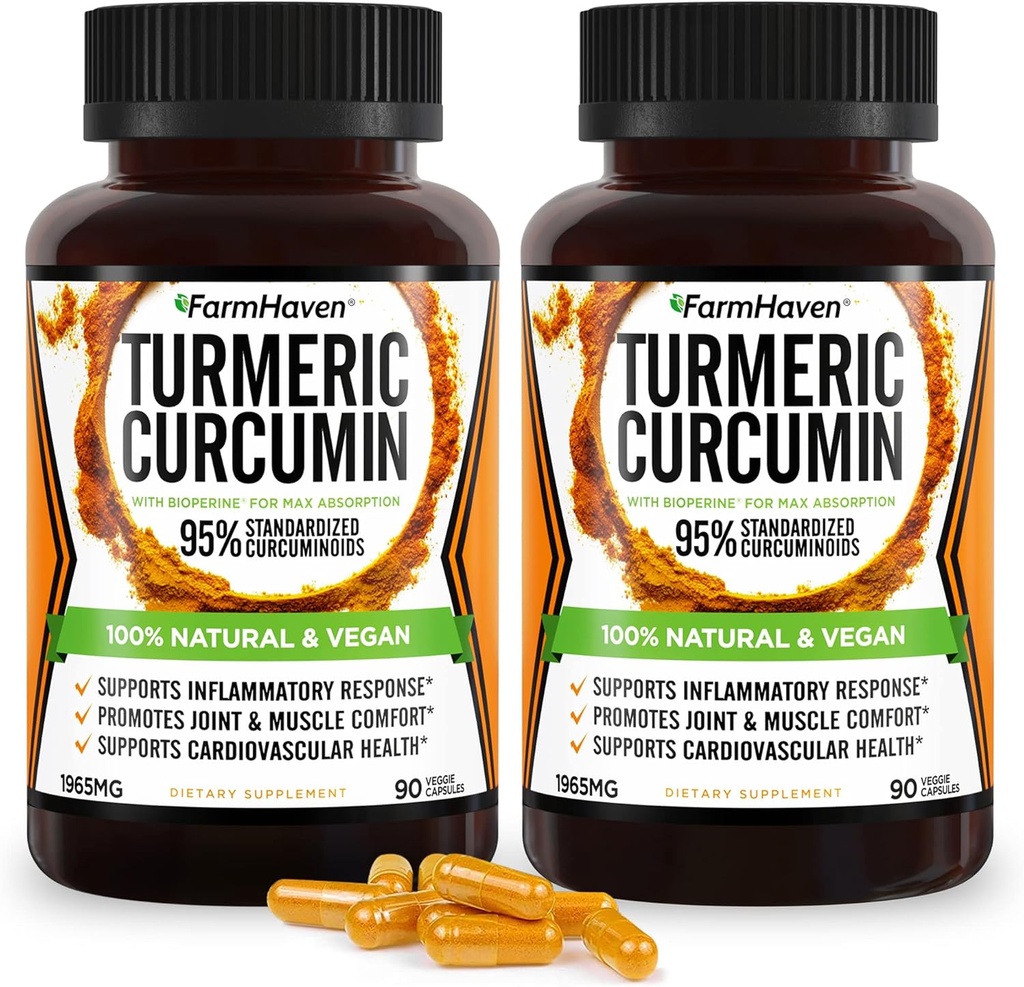 Turmeric Curcumin with BioPerine Black Pepper & 95% Curcuminoids, Maximum Absorption for Joint Support, Non-GMO Turmeric Capsules, Made in USA - 180 Veg Caps