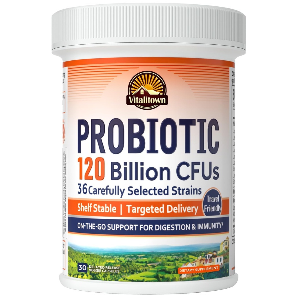 Vitalitown Probiotica 120 Miljard CFUs, 36 Strains, Prebiotica, Digestieve Enzymen voor Mannen Vrouwen, Vertraagde Release, Plank Stabiel, On The Go Digestieve Ondersteuning, 30 Veg Caps