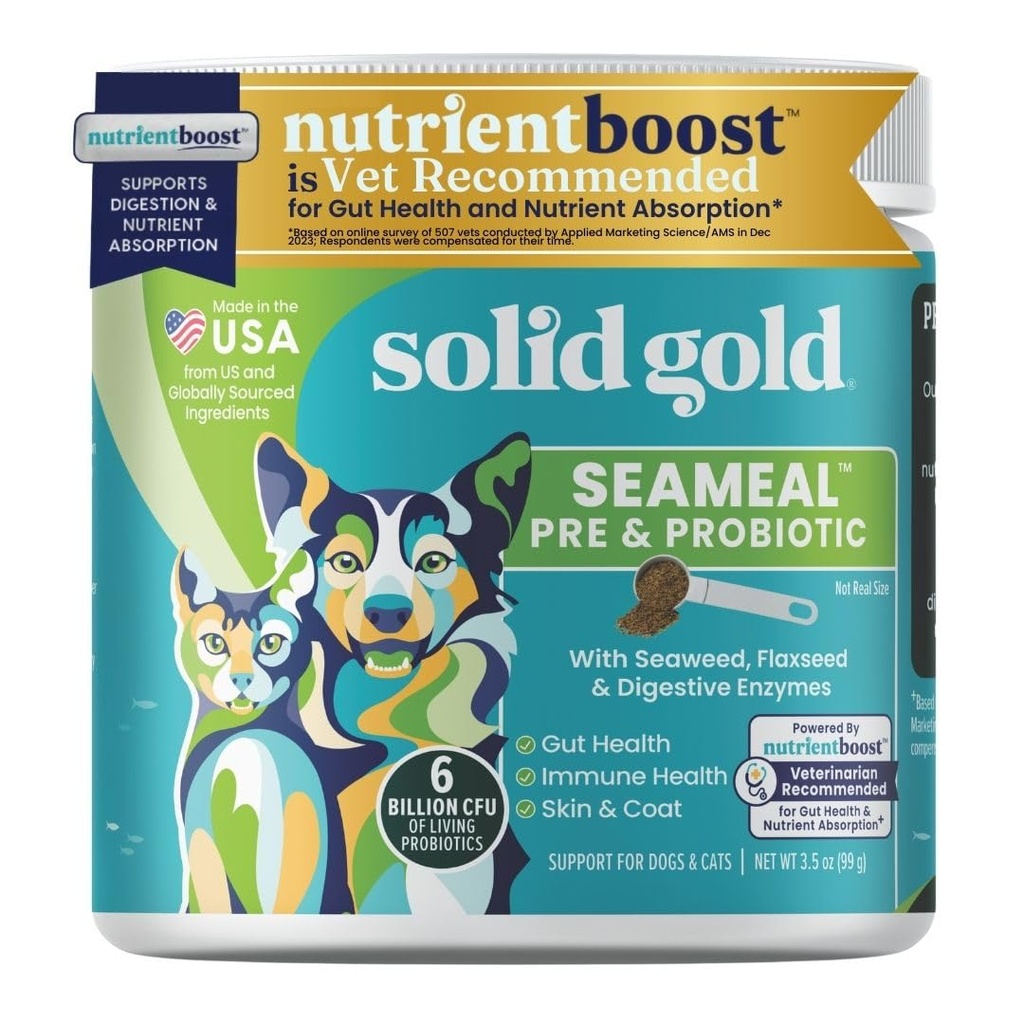 Solid Gold SeaMeal Cat Probiotic & Dog Probiotics for Digestive Health - Kelp Powder Dog & Cat Multivitamin Supplement w/Prebiotics & Digestive Enzymes for Skin, Coat, & Gut + Immune Support - 3.5oz
