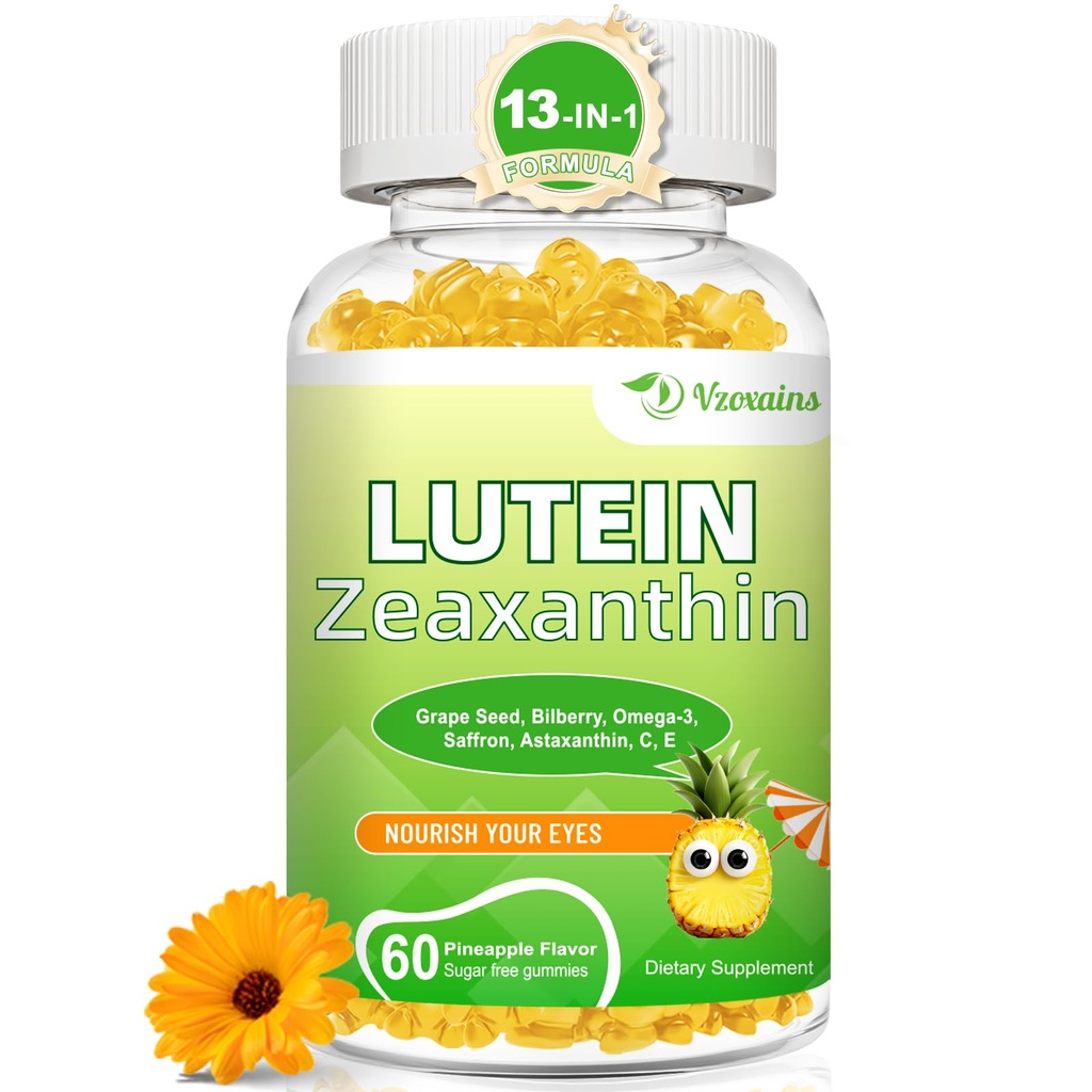 Luteïne 20 mg met Zeaxanthine Gummies, Luteïne en Zeaxanthine Supplementen met Oogvitaminen C, E, Blauwe bosbessen voor Ooggezondheid - 60Cts