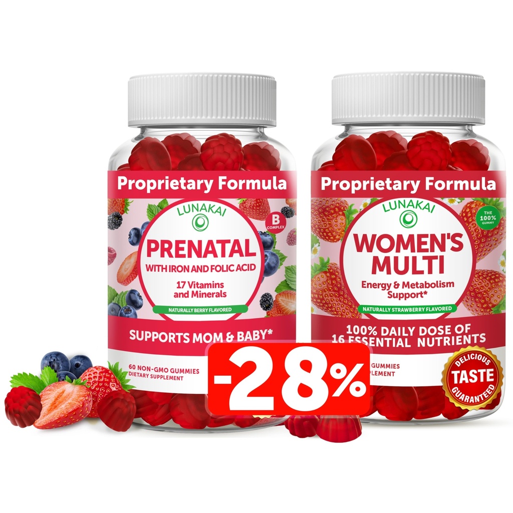 Lunakai Ensemble de vitamines prénatales et de vitamines multivitamines pour femmes - Grossesse Gommy multivitamine avec fer et acide folique - avec une valeur quotidienne de 100 % de 16 vitamines et minéraux essentiels - 30 jours d'approvisionnement