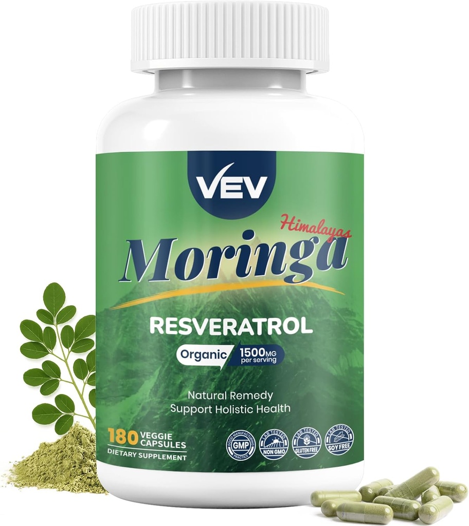 VEV Moringa Capsules – with Turmeric & Resveratrol｜Plant-Based Supplement for Immune Function Support｜Skin Wellness & Daily Energy｜180 Vegan Capsules