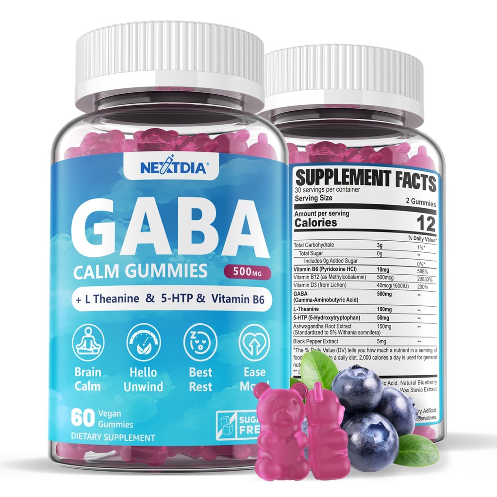 GABA Gummies 500 mg - Sugar-Free Calm Gummies met L Theanine, 5-HTP, Vitaminen D3, B12, Ashwagandha, Melatonine-Free voor Brain Calm, Mood, Zzz Better, GABA supplement voor volwassene, Blueberry Flavor, 1Pack