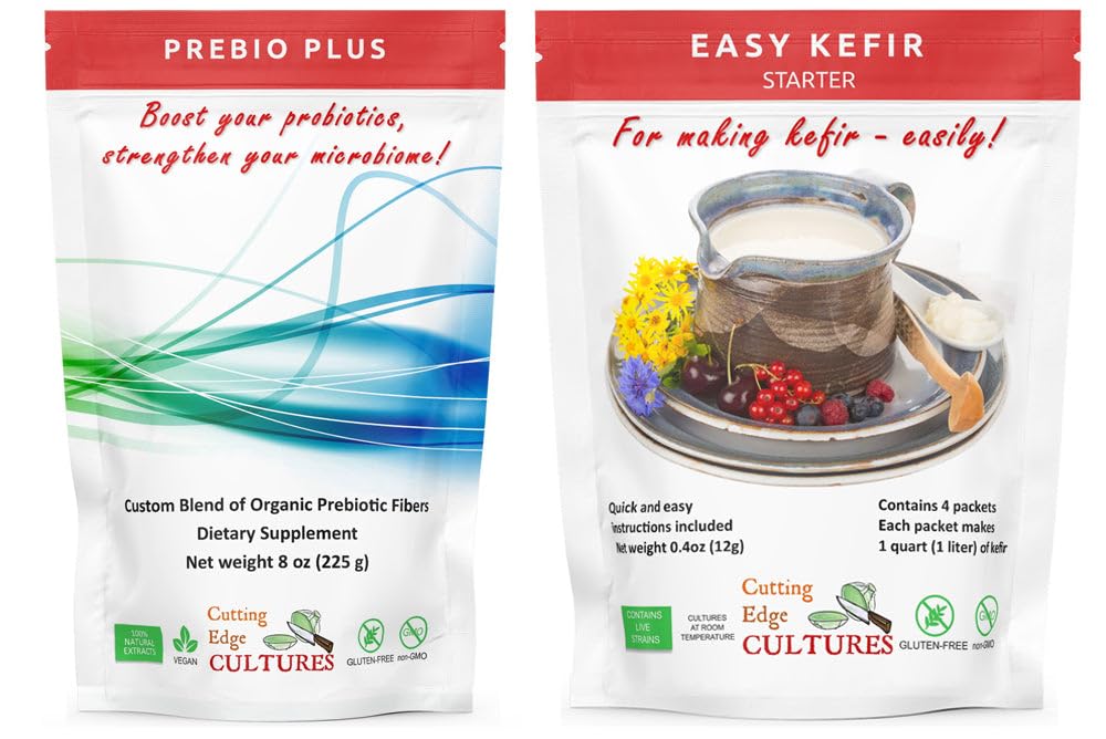 Cutting Edge Cultures Prebio Plus + Kefir Starter Culture Prebiotic Fiber Powder Best Custom Blend of Organic Prebiotic Fibers Dieet Supplement (1 Prebio Plus + 1 Kefir 20g)