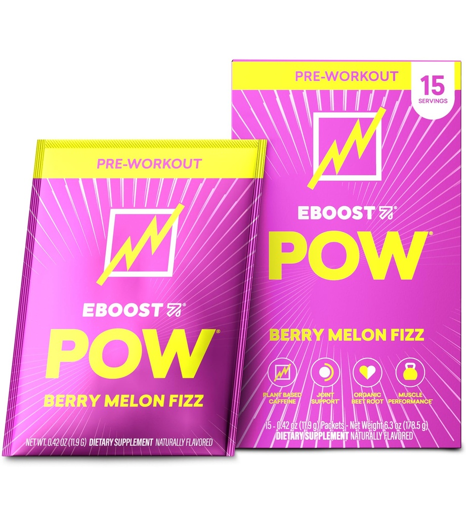 EBOOST POW poudre naturelle de pré-entraînement - 15 paquets, Berry Melon Fizz - pré-entraînement Energy Booster Gym supplément boisson mélange pour les hommes et les femmes - Performance, Joint Mobility Support - sans gluten