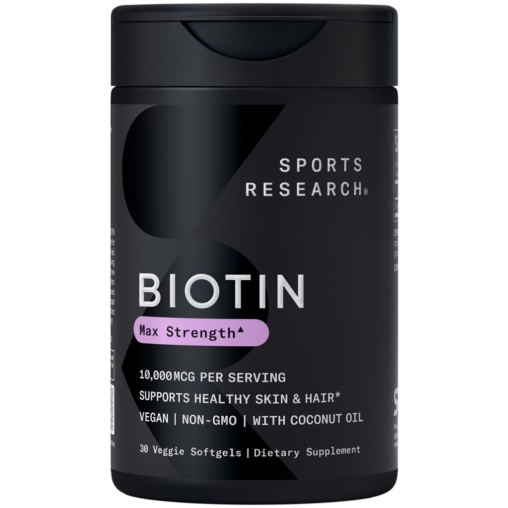 Sportonderzoek® Biotin 10.000 mcg met biologische kokosolie - Biotine (Vitamin B7) voor gezonde huid- en haarondersteuning* - voor vrouwen en mannen - Veganistisch, niet-GMO, Gluten & Sojavrij - 30 Veggie Softgels