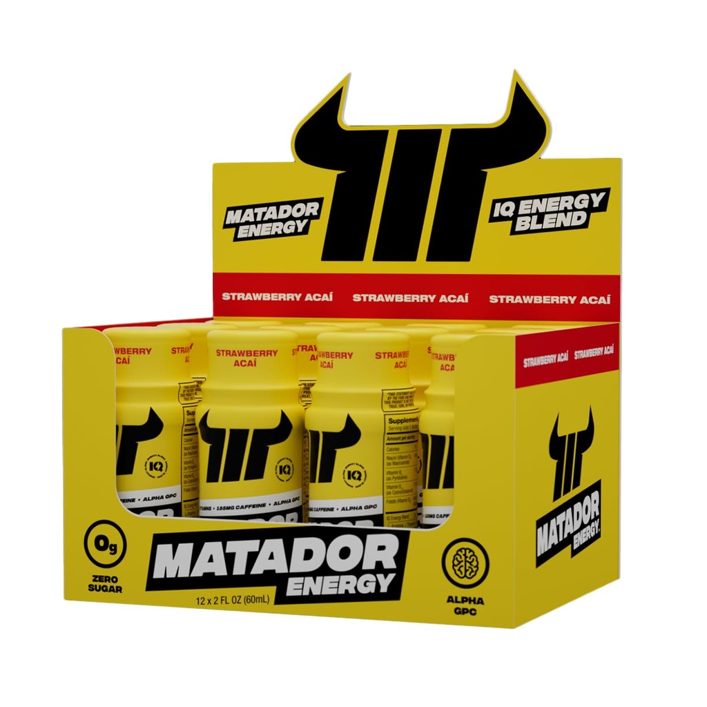 MATADOR Energie Shots Extra sterkte Mini Energie Dranken W/B Complex Vitaminen (Vitamine B12-B9-B6-B3), Alpha GPC Nootropic IQ Energie, Koffie Bean Extract Cafeine Shots, 24 Energie Drink Aardbei Acai