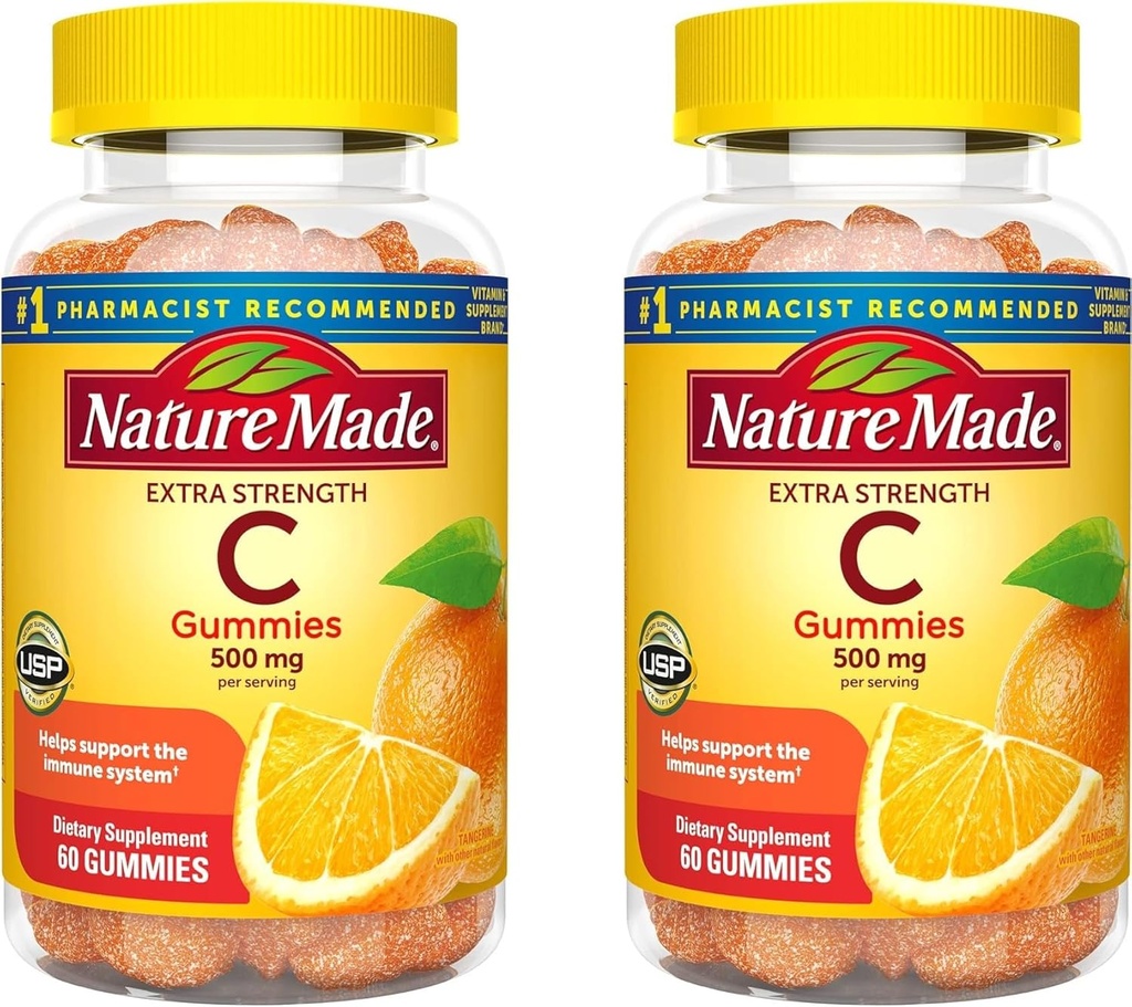 Nature Made Extra Strength Dosering Vitamine C 500 mg per portie, Dieetsupplement voor Immune Support, 60 Gummies, 30 Day Supply (pack van 2)