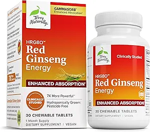 Terry Naturally HRG80 Red Ginseng Energy - Soutenir l'énergie saine & Focus - Supplément à base de plantes avec la poudre de racines coréennes de ginseng rouge - Comprimés végétaliens pour aider à l'endurance saine - 30 comprimés à croquer
