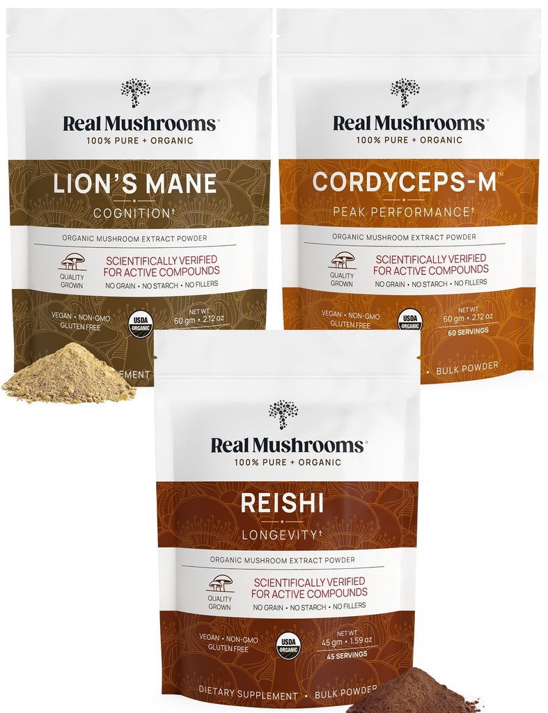 Real Mushrooms Peak Performance Bundle - Lion's Mane + Reishi + Cordyceps-M Certified Bio Mushroom Poudres pour la vitalité, l'immunité et la longévité