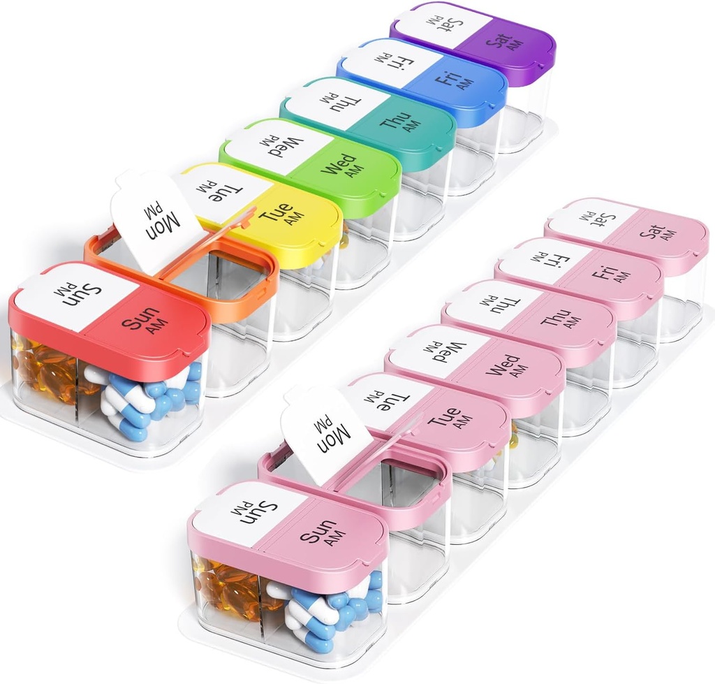 Odaro Extra Large Weekly Pill Organizer, XL Pill Box 7 Day PM, Jumbo Medicine Organizer 2 keer Een dag om Daily Medicine, Vitaminen, en Supplementen, Regenboog & Pink/White (Set van Twee) vast te houden