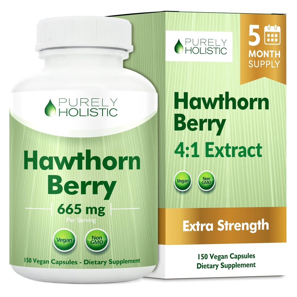 Berry Hawthorn purement holistique - 150 capsules véganes - 5 mois d'approvisionnement - Extrait haute résistance 4:1 - Supplément Hawthorne non-OGM - Soutient la santé cardiovasculaire et digestive