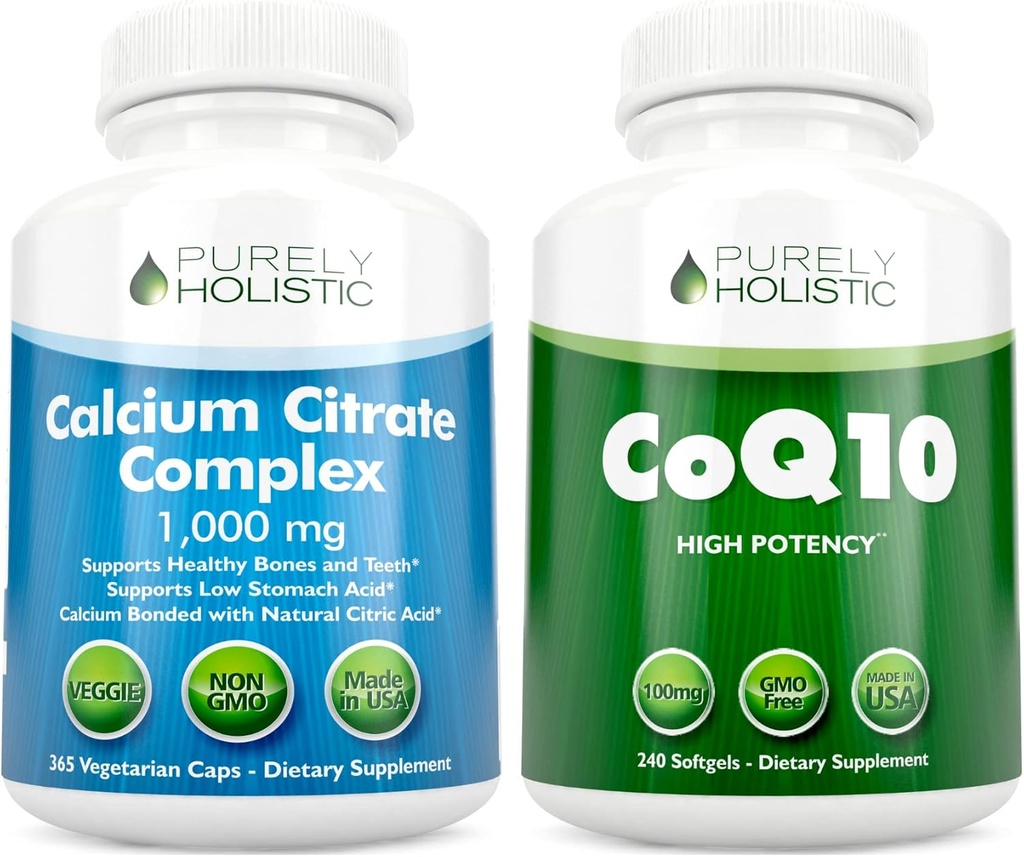 Calcium citraat complex 1000mg + CoQ10 100mg - 365 Vegan Capsules + 240 Softgels bundel - zonder vitamine D - Made in USA