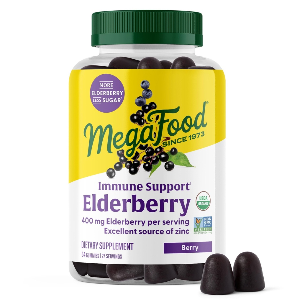 Megafood Elderberry Immune Support Supplement - Vegan Vlierberry Gummies voor volwassenen - Gemaakt met zink en echt voedsel - Pectine-Based, Gluten-Free, USDA Organic - 54 Gummies, 27 Serves