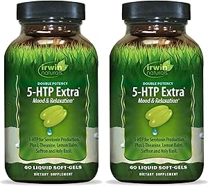 Irwin Naturals Double Potency 5-HTP Extra - 60 Liquid Soft-Gels, Pack of 2 - for Relaxation & Serotonine Production - 60 Total Servings
