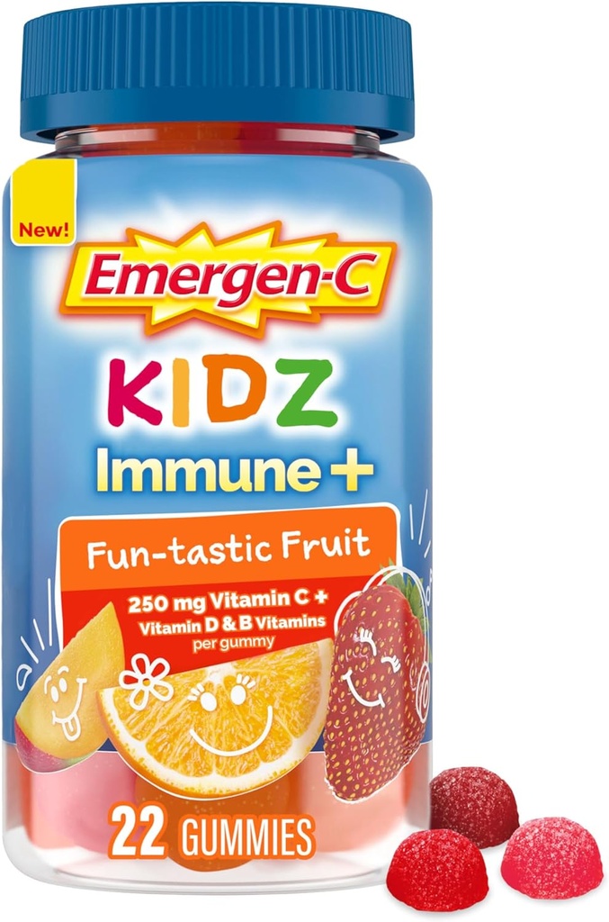Emergen-C Kidz Immune+ Immune Ondersteuning Dieetsupplementen, Gearomatiseerde Gummies met Vitamine C, B Vitaminen en Vitamine D voor Immune Ondersteuning, Fun-Tastic Fruit Gearomatiseerde Gummies - 22 Tellen
