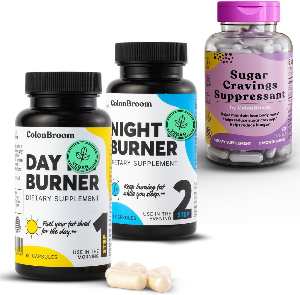 ColonBroom Day & Night Burner Supplementen, Weight Management Pillen (60 Servings) + Sugar Craving Suppressant - Chromium Picolinaat 200mcg (60 Servings), 3 Items