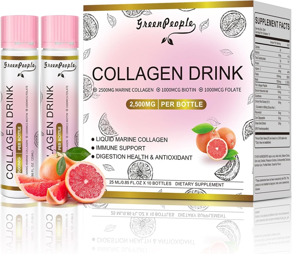 GREENPEOPLE Liquid Collageen for Women & Men, 2500mg Fish Collageen Peptides + Hyaluronic Acid + Vitamine Bs & C, Hair Skin Nails joints Bones Support (0,85 fl oz, 10 flessen, Grapefruit)