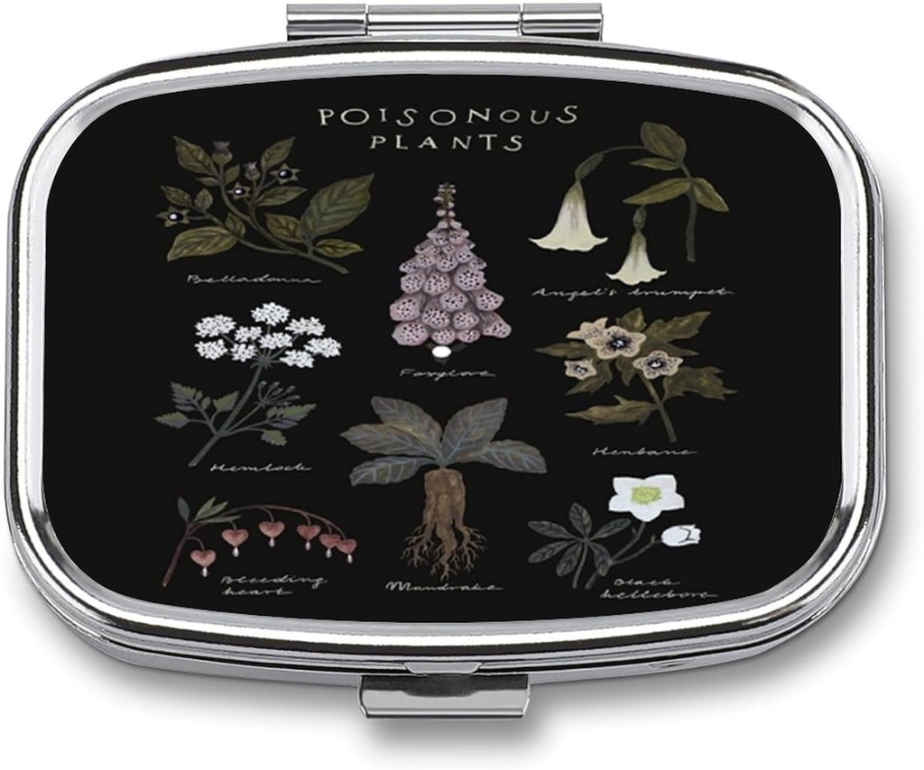 Metalen 2 Compartiment Pillen Organisator Travel Vriendelijk Portable Compact Pill Box Cute Pill Case vast te houden Vitaminen, Vissen Olie, Complementen, Meds, Tafel voor Portemonnee, Zak. (Poisonous Plants)