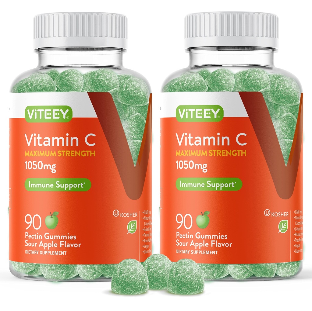 Viteey Kauwbare vitamine C Gummies voor volwassenen - 1050mg Maximale sterkte Immune Ondersteuning Supplement - Veganistisch, Glutenvrij - 180 Tel.