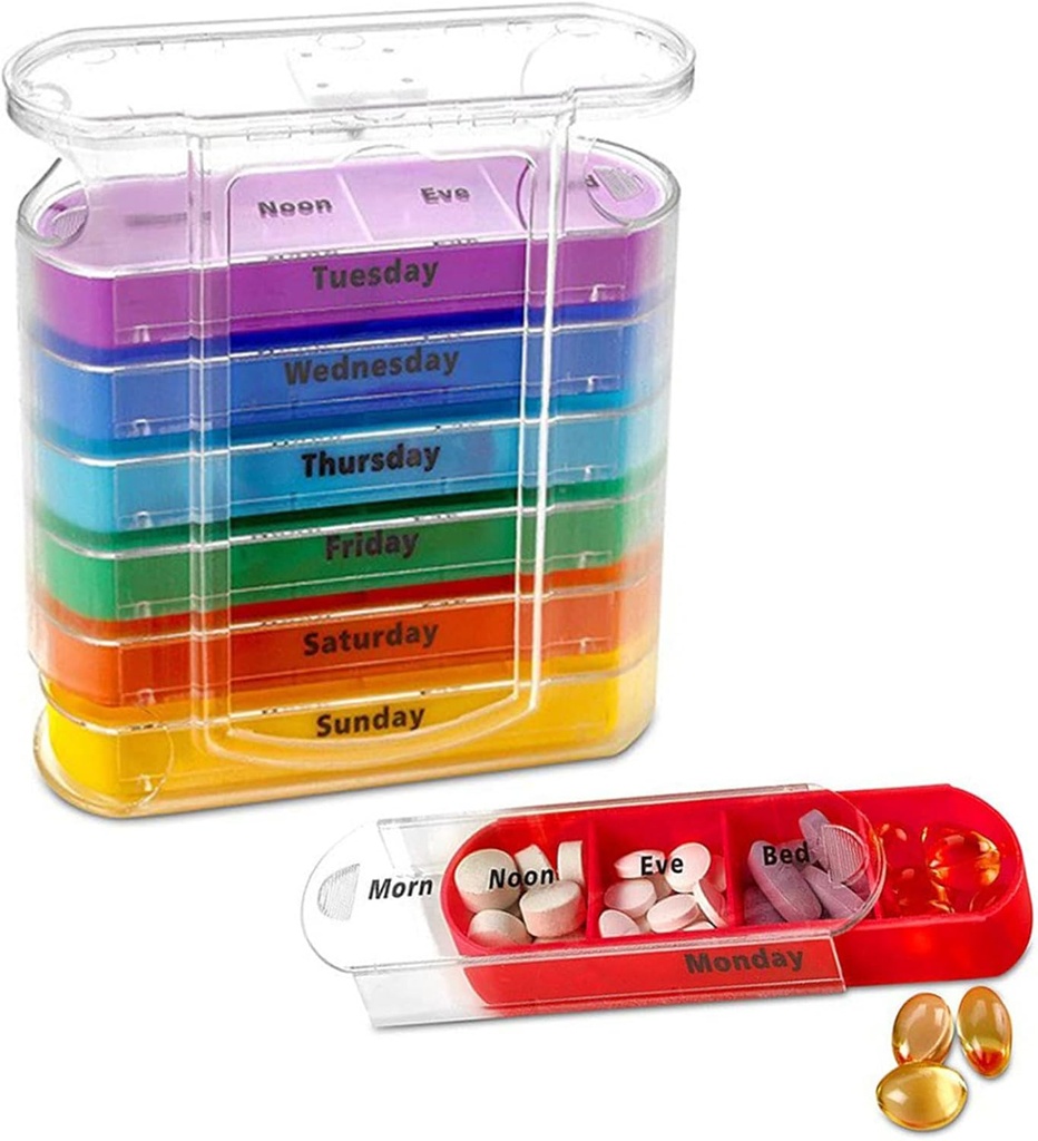 ABSOK Weekly Stackable Pill Organizer,4 Times A Day Pill Organizer Box Morning, Noon, Evening, and Bedtime,7 Stackable Compartments