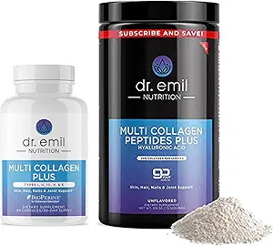 DR EMIL NUTRITION Complete Multi Collageen Bundle - Double The Collageen & Double The Hair, Skin & Nails Benefits - Collageen Peptide Pillen & Collageen Powder Bundle (15 Servers)