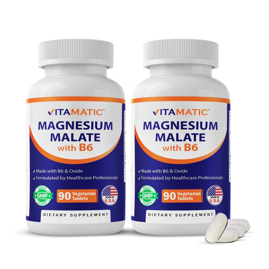 Vitamatic Magnesium Malate 2000mg per portie - 90 Vegetarische tabletten - Toegevoegd B6 voor maximale absorptie - Ondersteunt spier-, gewrichts- en hartgezondheid* (2 flessen, zonder smaak)