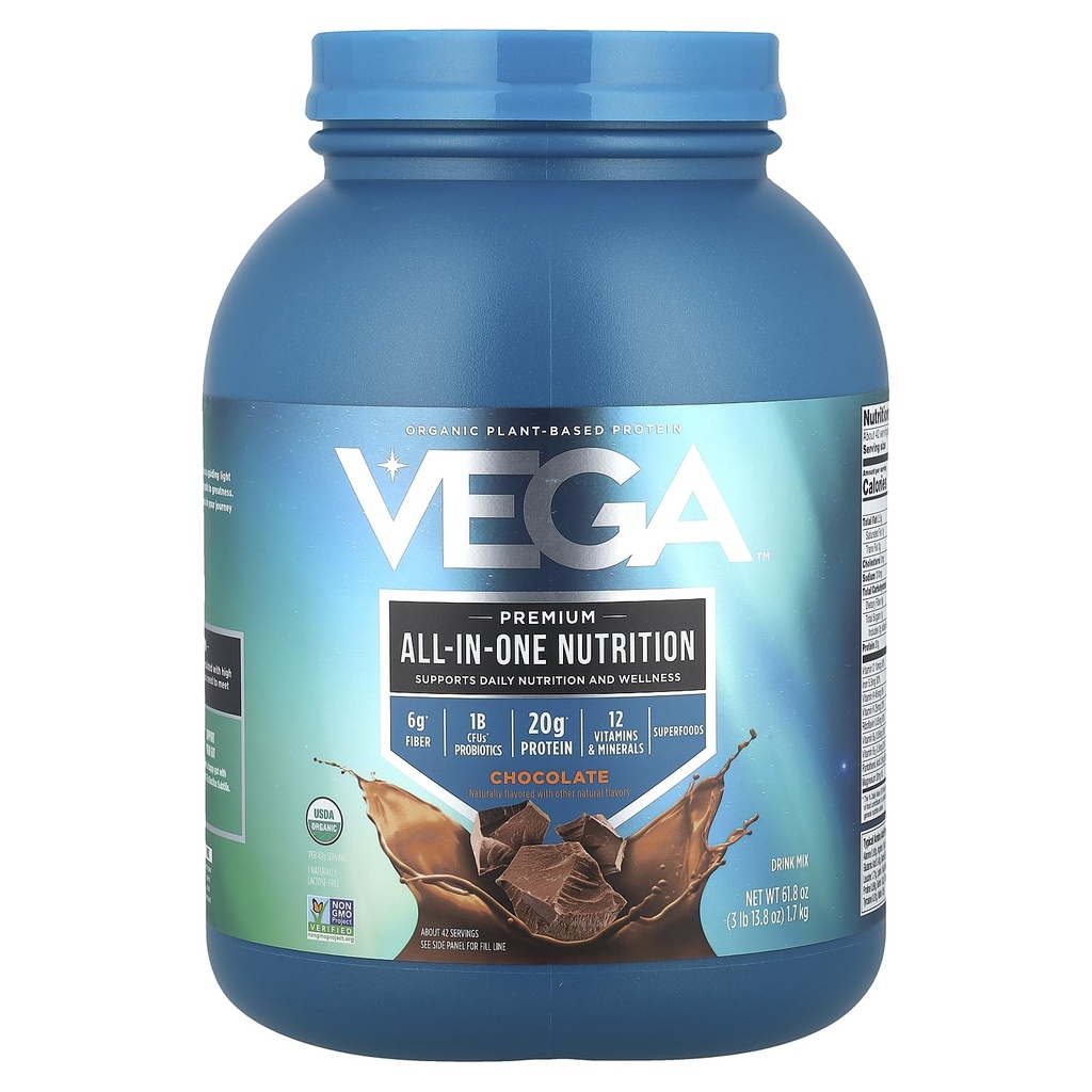 Vega All in One Nutrition Organic - 20g Plant-Based Pea Protein, Chocolade, 42 Servings, Vitaminen A & C, Probiotica, Groenen, Vegan, Keto, Glutenvrij, 61.8oz (Verpakking mei Vary)