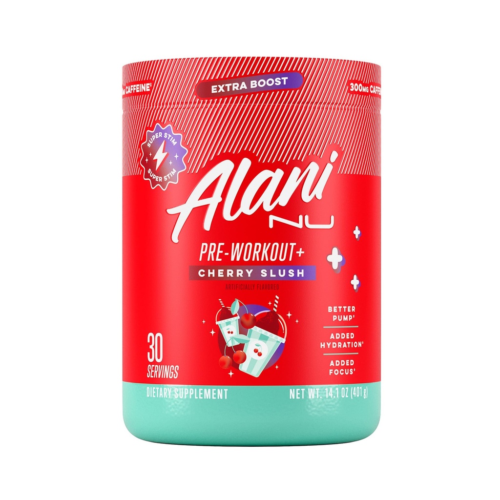 Alani Nu Pré séance d'entraînement + poudre cerise slush, supplément boost, sans sucre, 300mg caféine, L-Theanine, Beta-Alanine, Citrulline, 30 portions