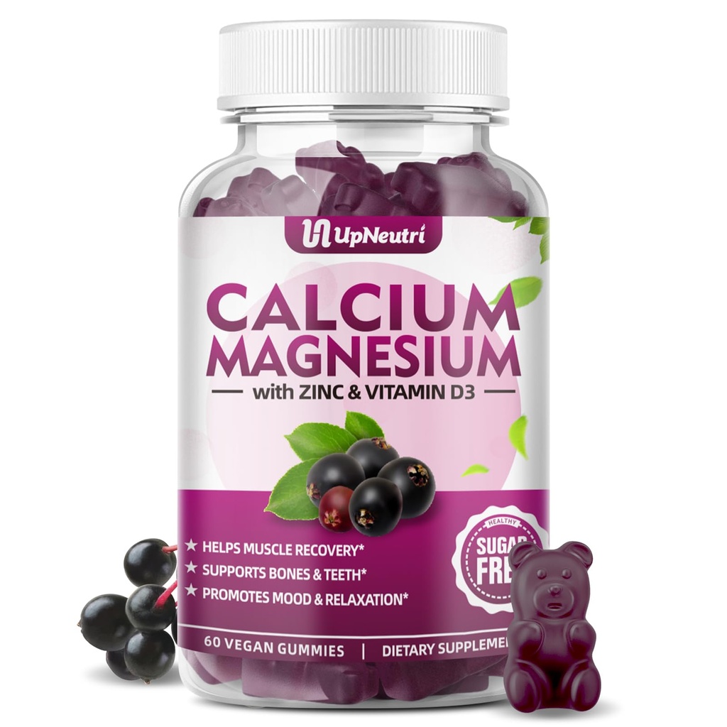 Calcium Magnesium Zink met Vitamine D3 Supplement, Suikervrije Calcium Gummies voor Vrouwen Mannen, Hoge Absorptie Zink Gummies voor Bot & Muscle & Immune Health, Vegan Vlierbessen smaak - 60 Tel.