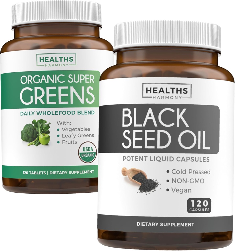 Super Greens & Black Seed (2-maand Supply) Greens Oil Synergy Bundle of Organic Super Greens Powder - Complete Superfood (120 Capsules) & Black Seed Oil - Cold-Pressed Nigeilla Sativa (120 Caps)