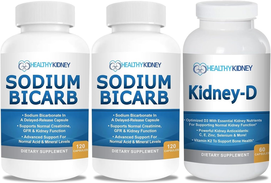 Natriumbicarbonaat 650mg Capsules for Acid Relief, Alkalinity 120 Pillen 2-pack + Nier-D Niersupplement. Vitamine D Geoptimaliseerd voor Nierondersteuning.