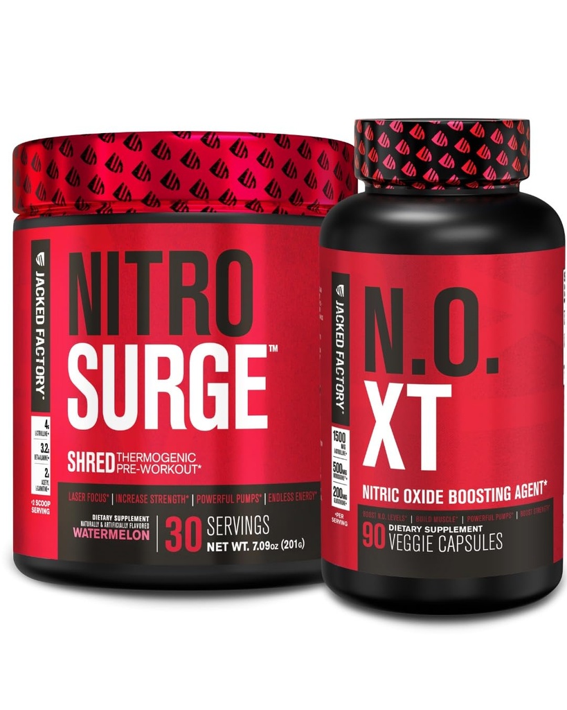 Usine Jacked Nitrosurge Pré-entraînement thermogénique Shred à la pastèque & N.O. XT Booster d'oxyde nitrique pour les hommes et les femmes