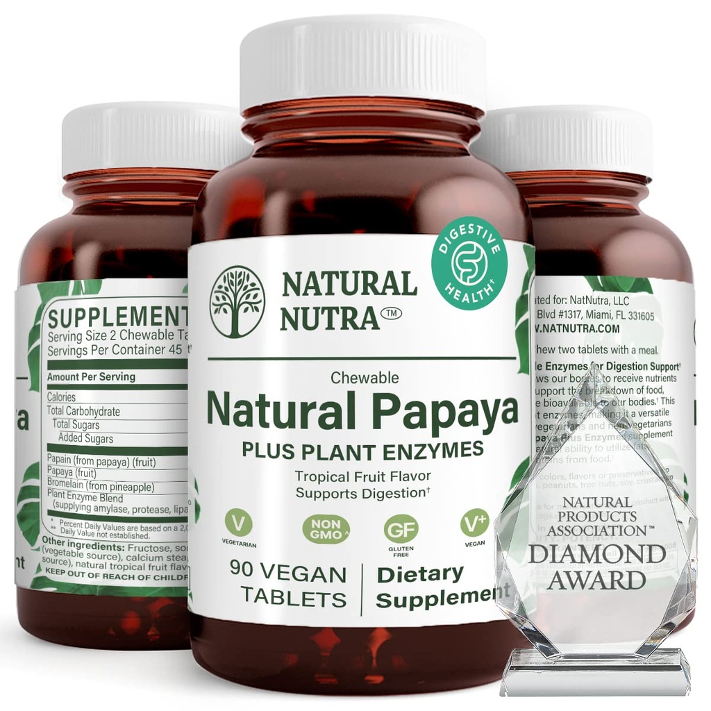 Natuurlijke Nutra Papaya Kauwbare enzymen voor spijsvertering en lichaamsreiniging - Ondersteunt spijsverterings-gezondheid, gemak Gastro-intestinale problemen - Nutriënt Absorptie en vermindert opgeblazen gevoel - 90 Vegan tabletten