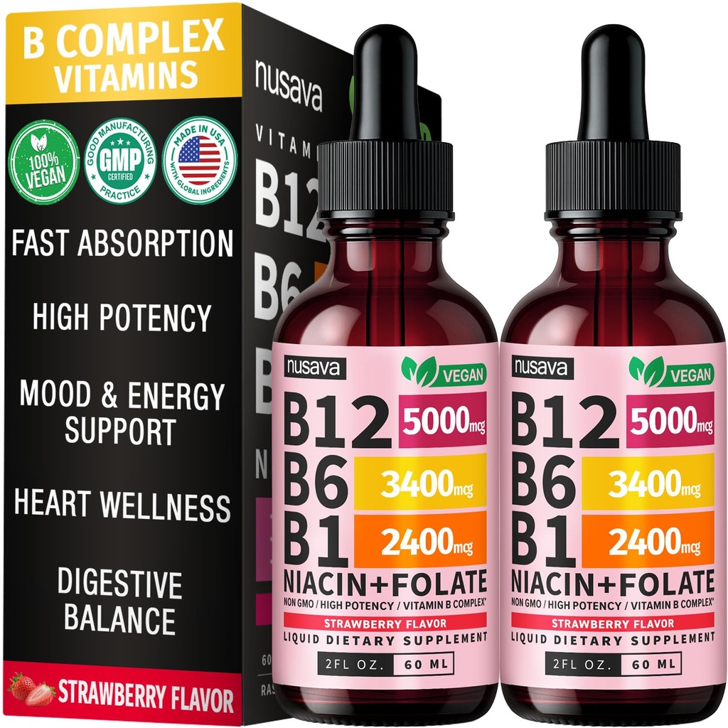 (2 Pack) Vitamine B12 en B6 Liquid Drops, B12 Sublingual Vitamine B Complex - B 12 Vitamine 5000mcg - B12 Methylcobalamine voor energie, hersenen en hart ondersteuning met 27,200 mcg, Aardbei, 80 Servers